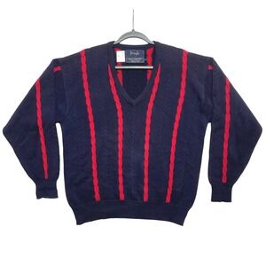 Pringle Sweater Mens Size M Navy Blue Red Cable Knit Cotton Vintage V-Neck